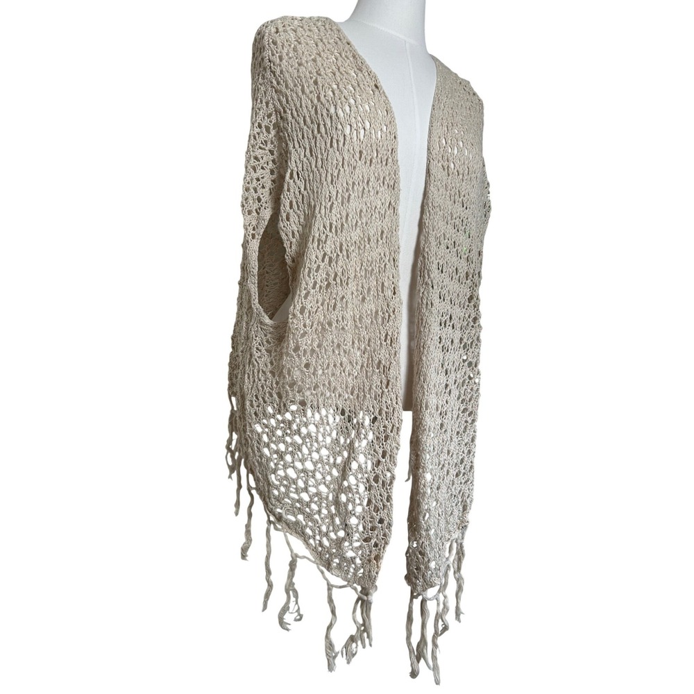 Mossimo Y2K Womens Beige Open Knit Crochet Fringe Vest S/P Boho Festival Beach
